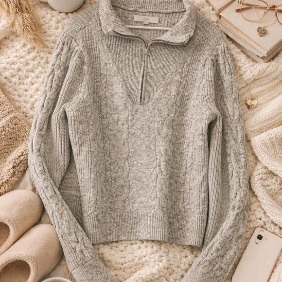LOFT Sweaters - LOFT Cable Knit Quarter Zip Sweater Gray Cozy Preppy Cottagecore Large